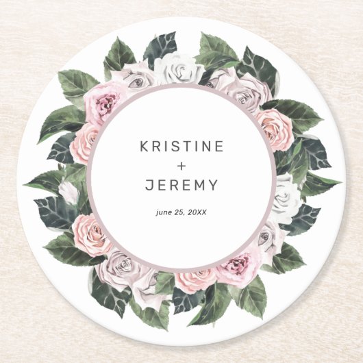 Elegant Mauve Roze Rose Bloemen Waterverf Bruiloft Ronde Kartonnen Onderzetter (Voorkant)