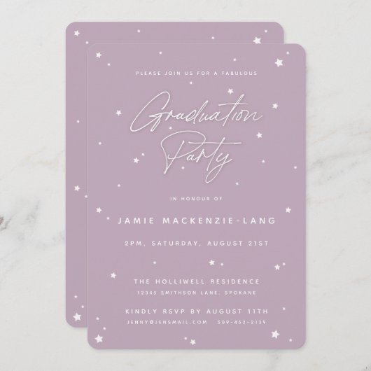 Elegant Mauve Script en Stars Graduparty Kaart (Voorkant / Achterkant)