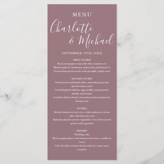 Elégant Mauve Signature Script Menu Mariage (Devant)