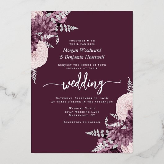 Elegant Mauve Silver Floral Wedding Folie Uitnodiging (Voorkant)