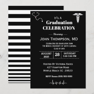 Elegant Medical Graduation Party Black and White Kaart