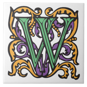 Elegant Medieval Green Letter W Monogram Tegeltje