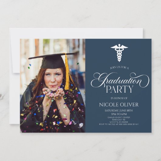 Elegant Medisch Caduceus Custom Afbeelding Afstude Kaart (Voorkant)