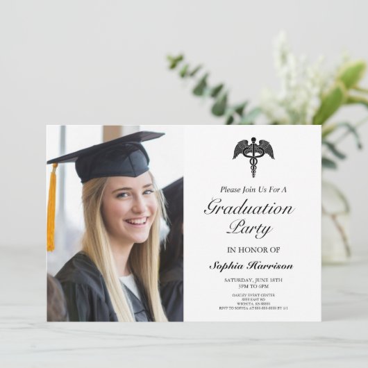 Elegant Medisch Caduceus Custom Afbeelding Afstude Kaart (Staand voorkant)