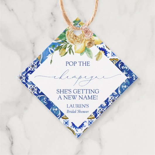 Elegant Mediterranean Lemon Mini Champagne Bottle Bedankjes Labels (Voorkant)