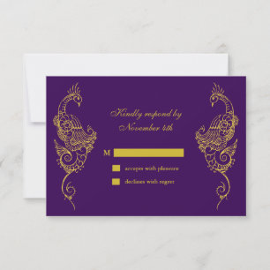 Elegant Mehndi Pauw bruiloft RSVP - paarse Kaartje