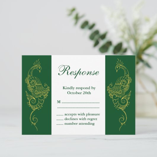 Elégant Mehndi Peacock Mariage RSVP Vert Blanc (Debout devant)