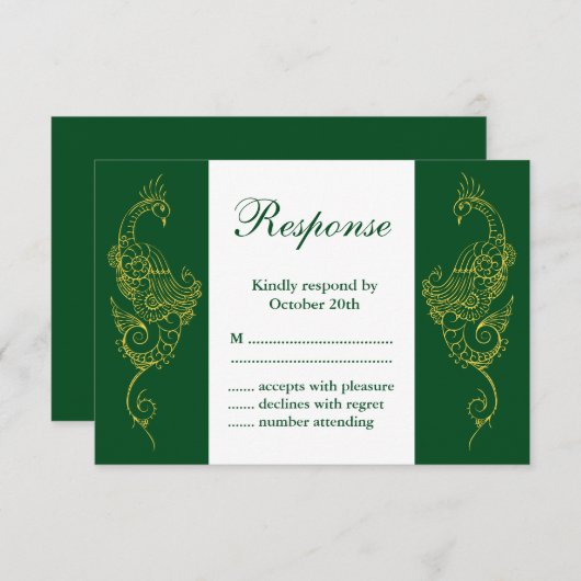 Elégant Mehndi Peacock Mariage RSVP Vert Blanc (Devant / Derrière)