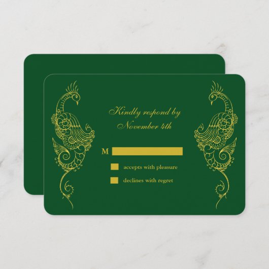 Elegant Mehndi Peacock Wedding RSVP - groen (Voorkant / Achterkant)