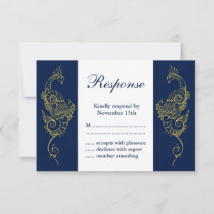 Elégant Mehndi Peacock Wedding RSVP - Marine & Whi