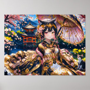 Elegant meisje in traditionele kledij met Sakura B Poster
