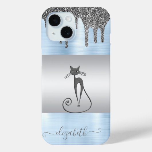 Elegant meisje, kat glitter druppels blauw metalli Case-Mate iPhone case (Achterkant)
