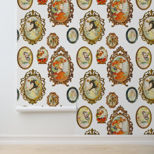 Elegant  Meisje Portretbloemen in Lijst Behang