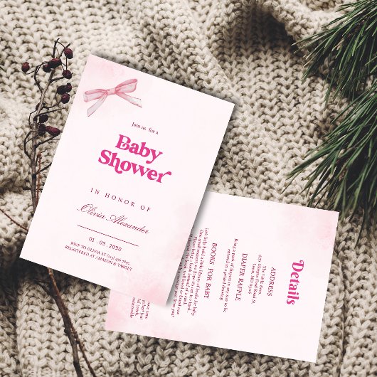 Elegant Meisje Roze Bow Baby shower Uitnodiging