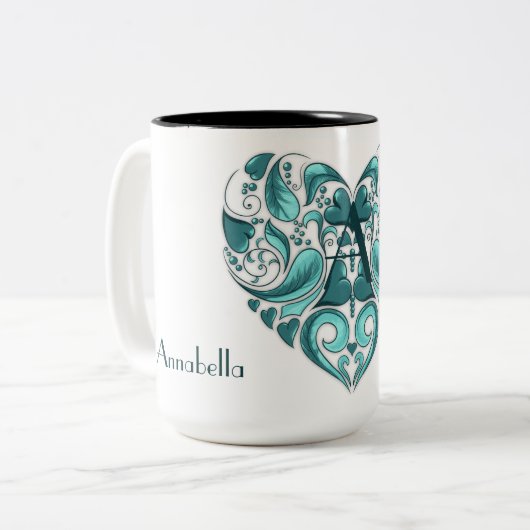 Elegant meisjesachtig turquoise hart met jouw teks tweekleurige koffiemok (Voorkant links)