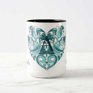 Elegant meisjesachtig turquoise hart met jouw teks tweekleurige koffiemok