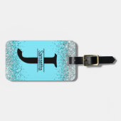 Elegant meisjesblauw zilver faux glitter monogram bagagelabel (Voorkant horizontaal)