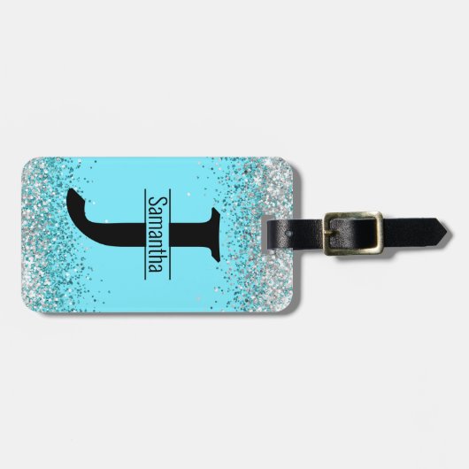 Elegant meisjesblauw zilver faux glitter monogram bagagelabel (Voorkant horizontaal)