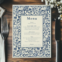 Elégant menu bleu et crème sur le thème botanique