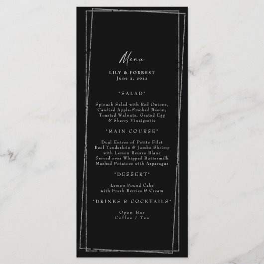 Elégant menu de cadre géométrique noir et argent (Devant)