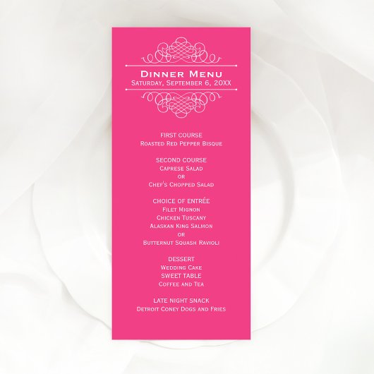 Élégant Menu de Dîner de Mariage Rose Chaud Monogr