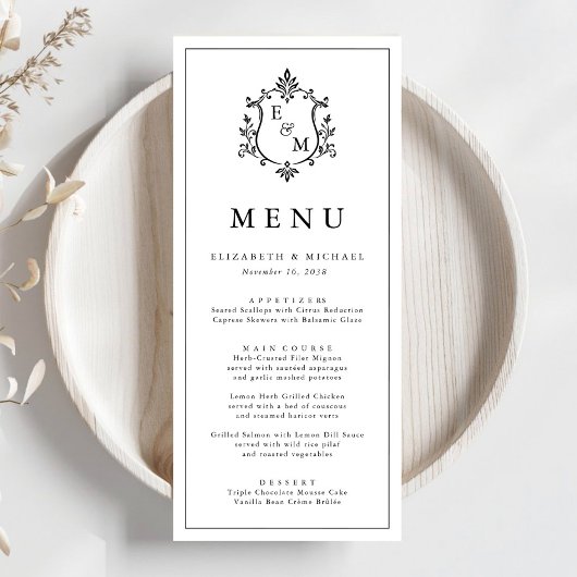 Élégant Menu de Mariage à Blason Monogramme