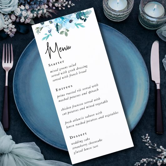 Élégant menu de mariage aux fleurs blanches bleues