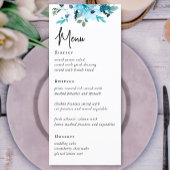 Élégant menu de mariage aux fleurs blanches bleues