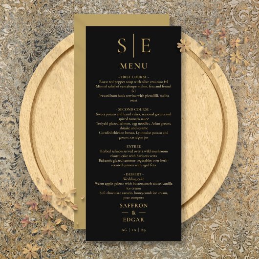 Élégant Menu de Mariage avec Monogramme Noir et Or