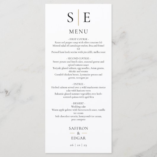 Élégant Menu de Mariage avec Monogramme Noir et Or (Devant)