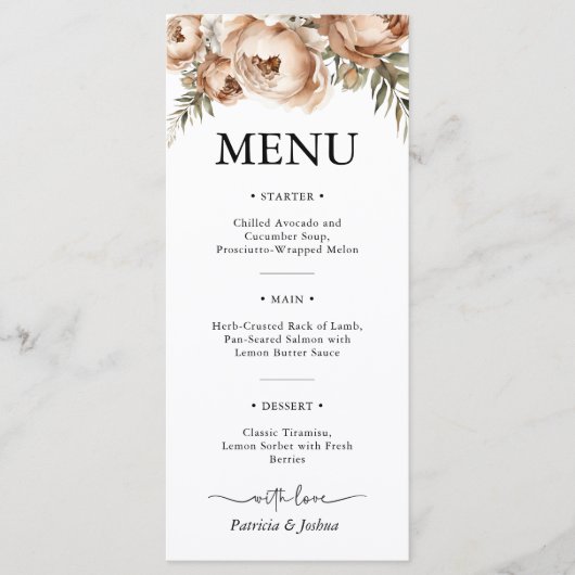 Élégant menu de Mariage Boho rustique (Devant)