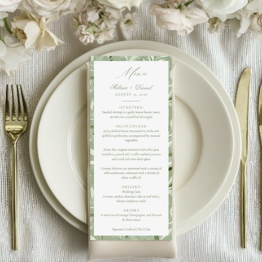 Élégant Menu de Mariage Botanique Vert Sauge