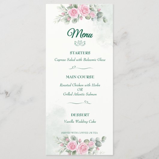 Élégant Menu de Mariage Cygne & Rose Blush - 2 Fac (Devant)