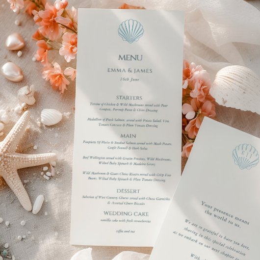 Élégant menu de mariage double face coquillage ble