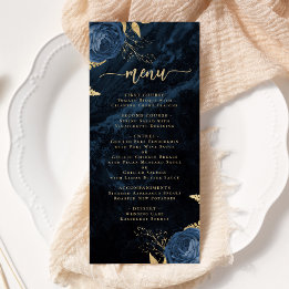 Élégant Menu de Mariage Floral Bleu Nuit et Or