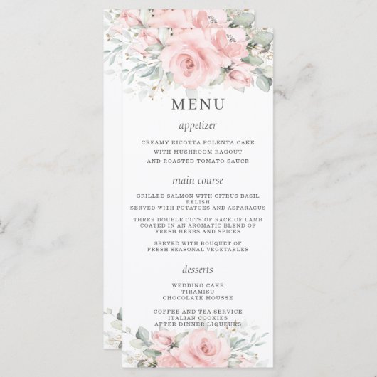 Elégant menu de Mariage floral rose pâle (Devant / Derrière)