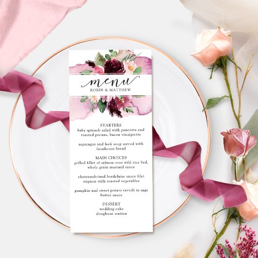 Élégant menu de Mariage floral rose rose bordeaux