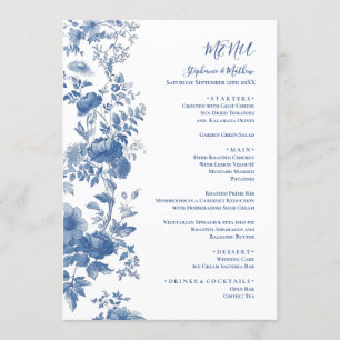 Élégant Menu de Mariage Floral Toile Bleu Français