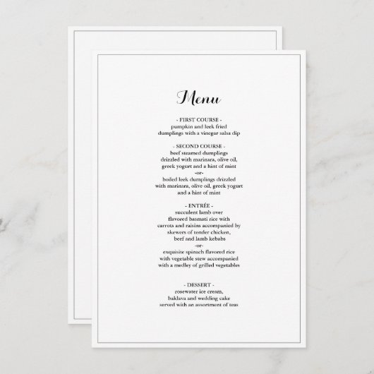 Élégant menu de Mariage frontalier minimaliste (Devant / Derrière)