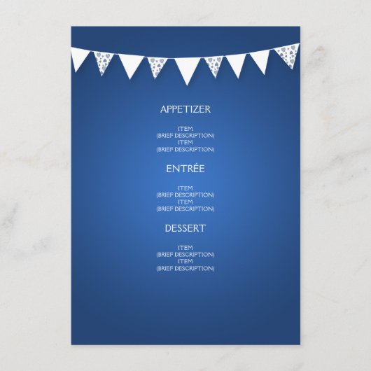 Elégant menu de mariage Love Bunting Blue (Devant)