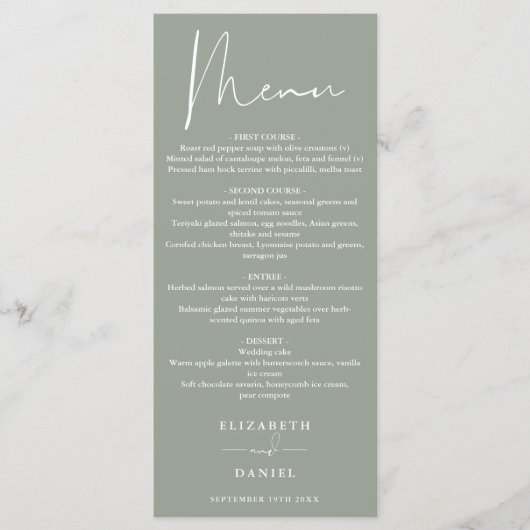 Élégant Menu de Mariage Moderne Vert Sauge pour le (Devant)