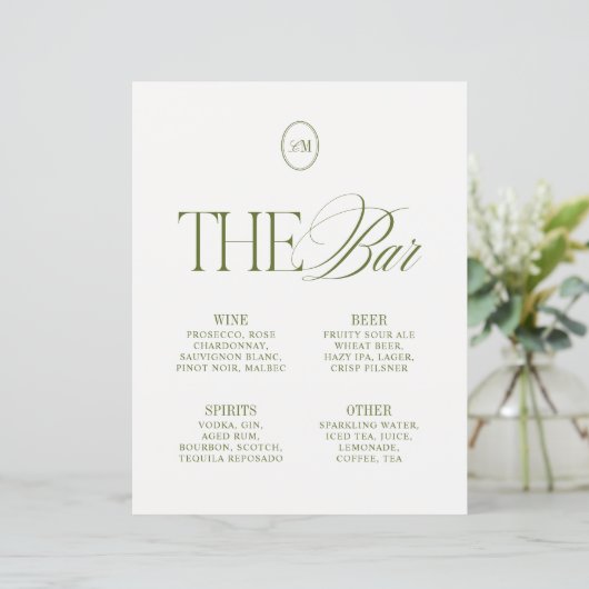 Élégant Menu de Mariage The Bar Vert Olive (Debout devant)