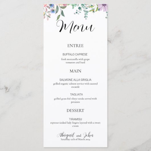 Elégant menu de réception de mariage Fleur sauvage (Devant)
