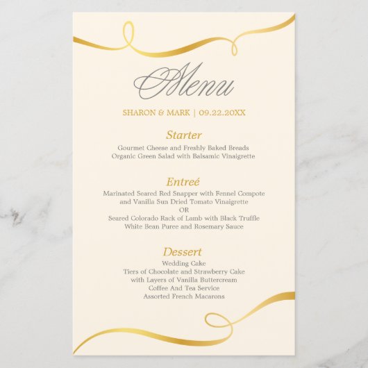 Élégant Menu Dîner Gold Swirl | Couleur modifiable (Devant)