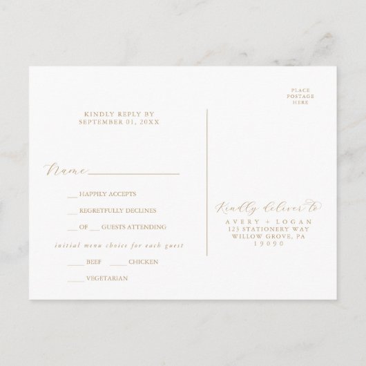 Elégant Menu Gold Script Choice Carte Postale RSVP (Dos)