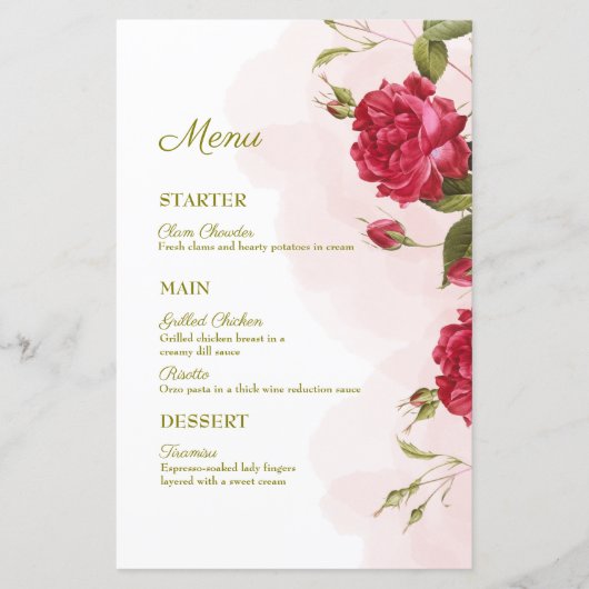 Élégant menu Mariage à thème Rose (Devant)