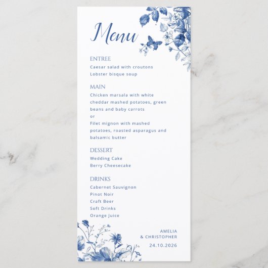 Elégant menu Mariage avec délicate fleurs bleues (Devant)