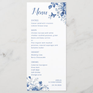 Elégant menu Mariage avec délicate fleurs bleues