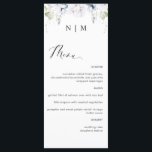 Elégant menu Mariage blanc et bleu<br><div class="desc">Elégante carte de mariage monogrammed avec une délicieuse aquarelle verte et des détails floraux blancs et bleus sur le dessus avec les initiales du couple. Possibilité d'ajouter votre propre menu à l'aide de zones de texte fournies et, si nécessaire, de modifier la position du texte, la taille, le style et...</div>