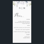 Elégant menu Mariage blanc et bleu<br><div class="desc">Elégante carte de mariage monogrammed avec une délicieuse aquarelle verte et des détails floraux blancs et bleus sur le dessus avec les initiales du couple. Possibilité d'ajouter votre propre menu à l'aide de zones de texte fournies et, si nécessaire, de modifier la position du texte, la taille, le style et...</div>